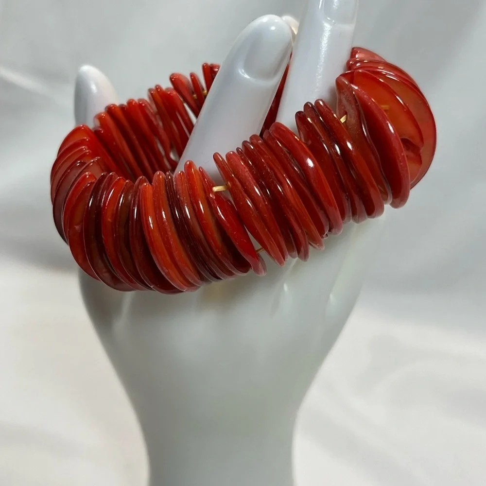 Vintage Red Lacquered Abalone Shell Disc Bracelet